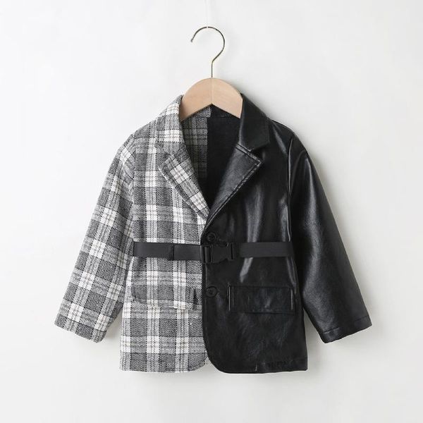 

jackets autumn winter children\u2021s casual long sleeve jacket fashion plaid leather stitching lapel coat with belt, Blue;gray