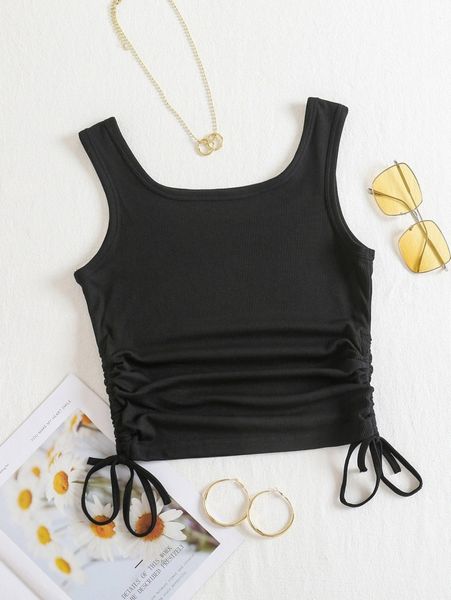 

plain drawstring shirred tank w29g#, White