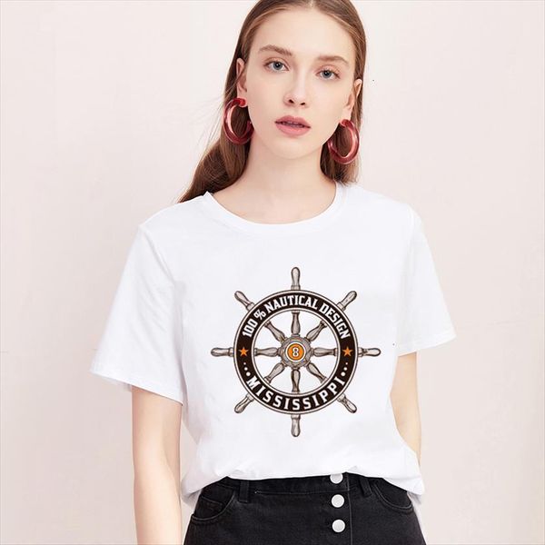 

summer nautical print harajuku women t shirt ship disk o neck short sleeve white female clothing