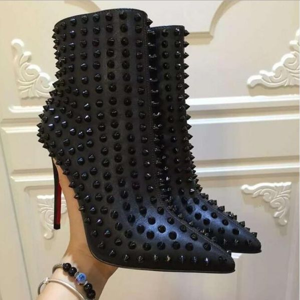 

dress shoes black high heel boots 12cm classics brand luxury motorcycle winter snow women thin pointed rivets 36-42 oioc