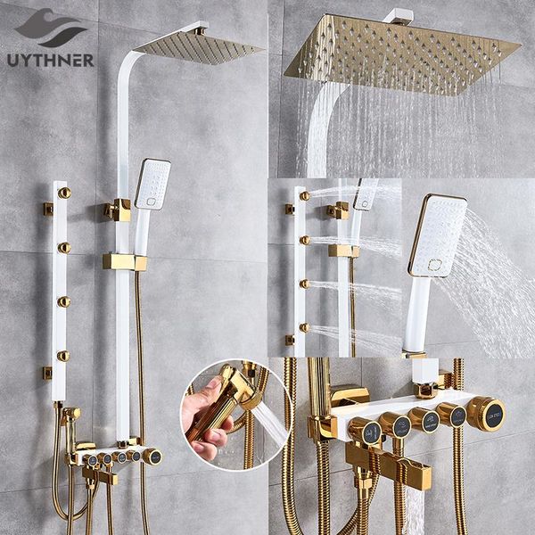 

bathroom shower sets luxury white gold faucet set 5-function switch wall mount rain head with hand bathtub spout bidet tap mixer