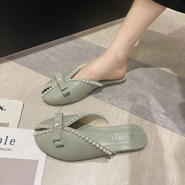 

slippers flat shoes female women summer luxury slides string bead pantofle peep toe low designer cover soft basic rubber pu 15xi, Black