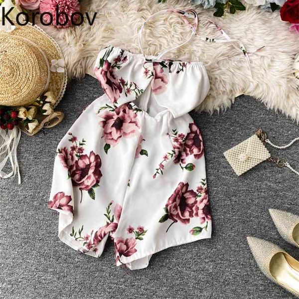 

korobov summer beach style women playsuits korean print high waist halter chiffon jumpsuits new chic boho backless bodysuits 210430, Black;white