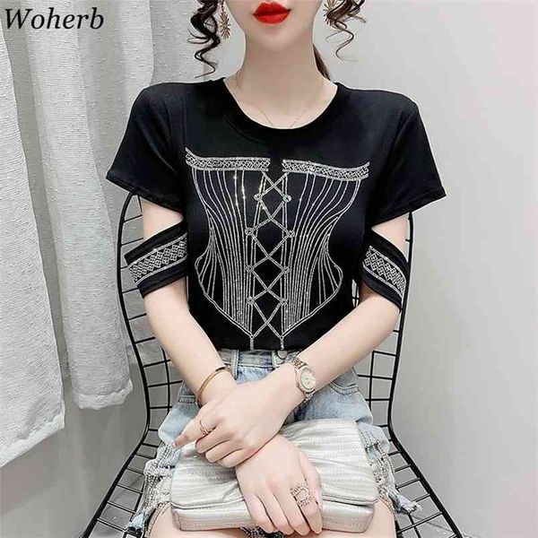 

summer fashion clothes cotton t shirts women hollow out o neck chic diamonds tees short sleeve casual white 210519