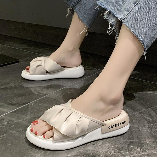 

sweet pleated band slingback women sandals letter elevated shoes slippers open toe slip on gladiator sandalias, Black