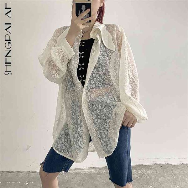 

floral blouse women's summer laple oversize single breasted long sleeve transparent shirt female tide 5c790 210427, White