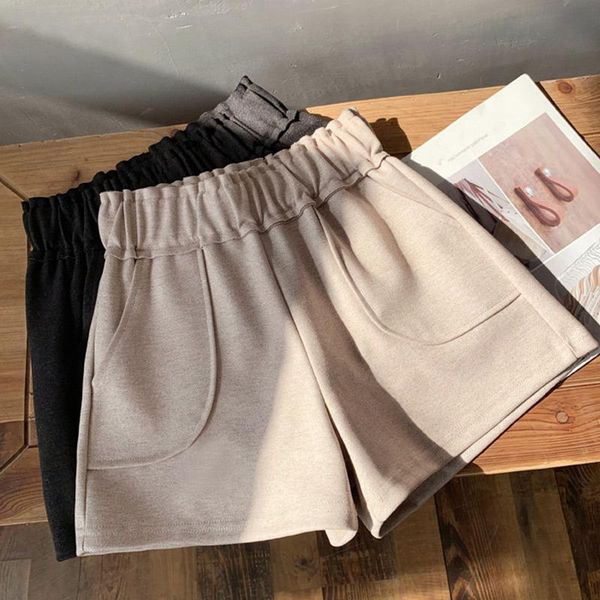 

women's shorts winter elastic high waist woolen black pockets loose female short 2021 spring autumn solid casual ladies bottoms, White;black