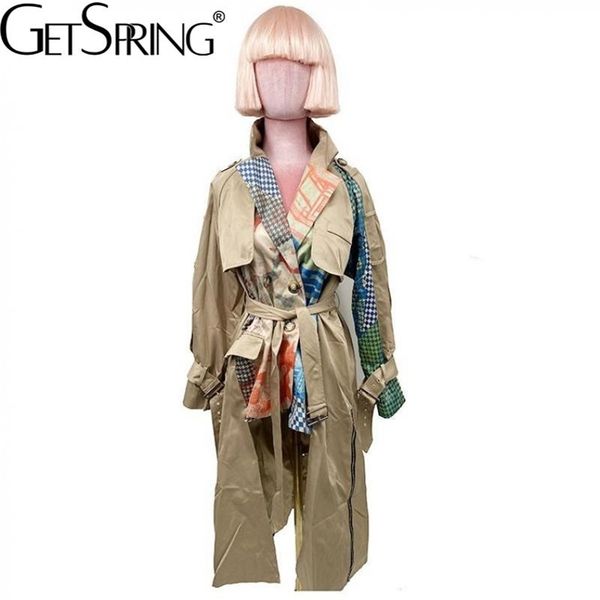 

getspring women trench coat asymmetry hem long print sleeve single breasted windbreaker woman autumn winter 210820, Tan;black