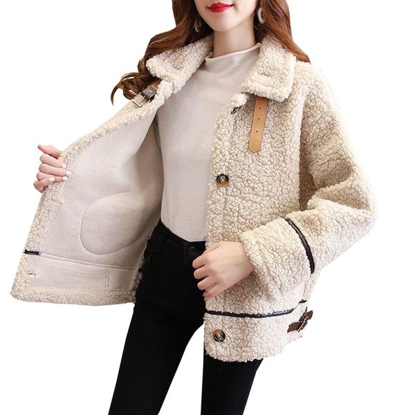 

women's fur & faux lamb plush jacket women autumn winter jackets female short outerwear loose granular velvet parka lady overcoat, Black