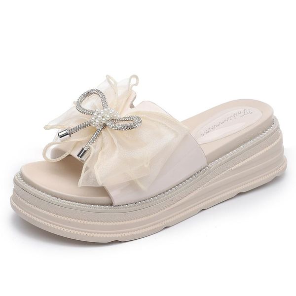 

sweet bow slippers pvc women 2021 summer korean version of thick-soled wedge sandals increase outer wear daily, Black