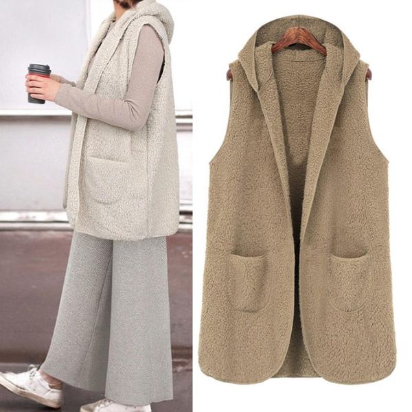 

women's vests autumn winter plus size sleeveless jacket lamb fur medium long hooded vest double plush coat, Black;white