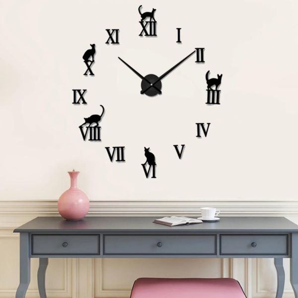 

wall clocks 3d creative cat diy clock mirror stickers removable art decal sticker home decor living room quartz needle
