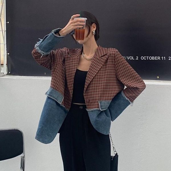 

women's jackets 2021 spring and autumn splicing suits denim checked jacket korean style design blazer office ladies slim outwear, Black;brown
