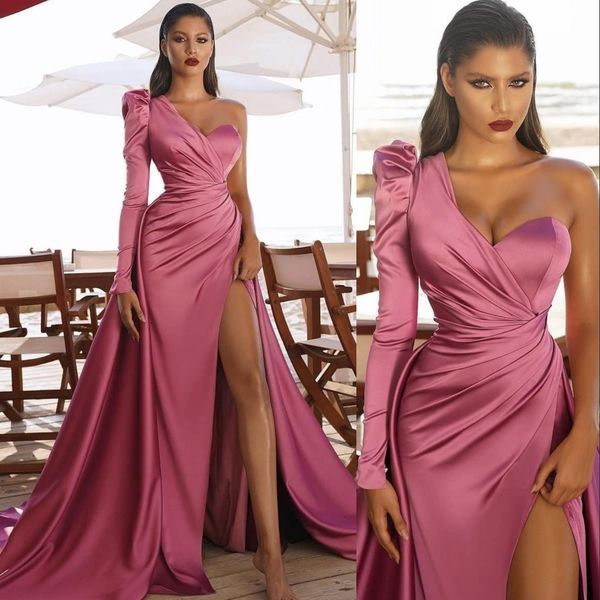 

2021 vintage dusty pink prom dresses one shoulder satin side split sheath dubai arabic party dress floor length celebrity evening gowns, Black