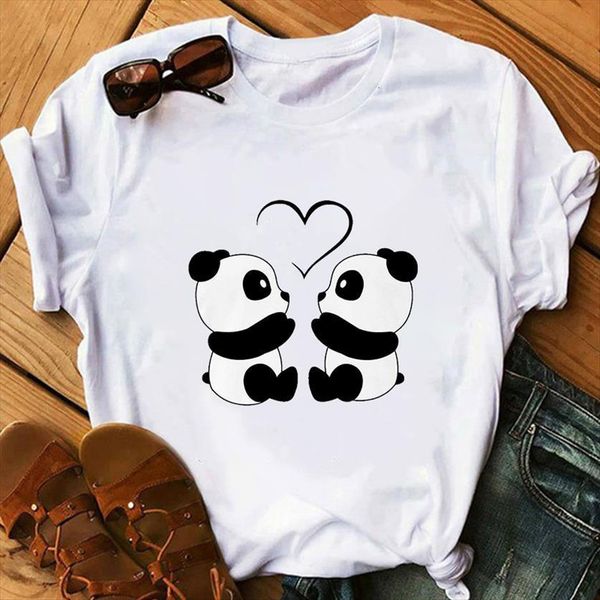 

streetwear cartoon panda print women t shirts o neck summer causal short sleeve graphics tee, White