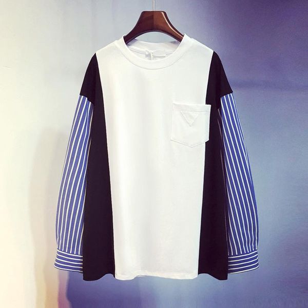 

women's hoodies & sweatshirts [ewq] 2021 spring autumn round collar long sleeve hit colors striped patchwork pullovers vintage sweatshi, Black