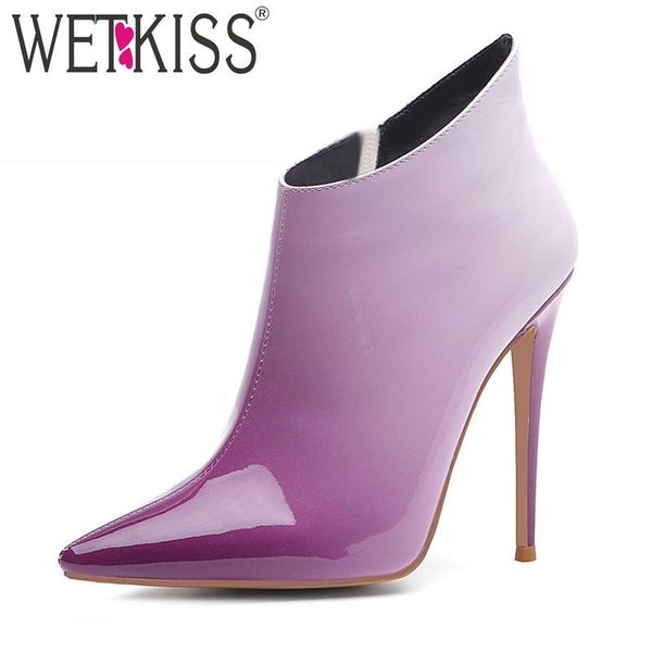 

boots wetkiss mix color patent pu ankle women stiletto heels high booties ladies pointed toe shoes female zip winter 2021, Black