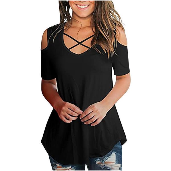 

women's t-shirt cold shoulder oversized loose chest cross strap solid color large size femme summer clothes, White