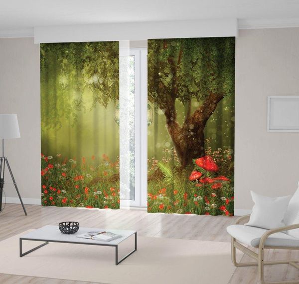 

curtain & drapes magic tree with lanterns on a poppy meadow mushrooms flowers secret forest summer night green red