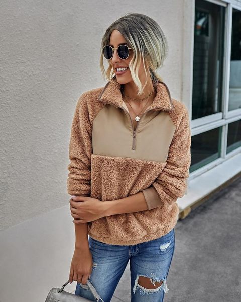 

womens casual stand collar sweatshirt long sleeve zipper pullover with pockets fall winter female oversized hoodie 2021 women's hoodie, Black