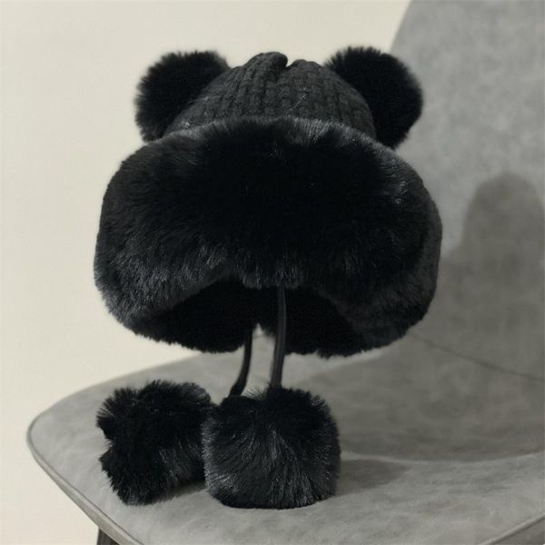 

beanies winter women's bear ear knitted bomber hats with pompom fur fleece earflap russian ushanka hat ladies warm snow ski trapper cap