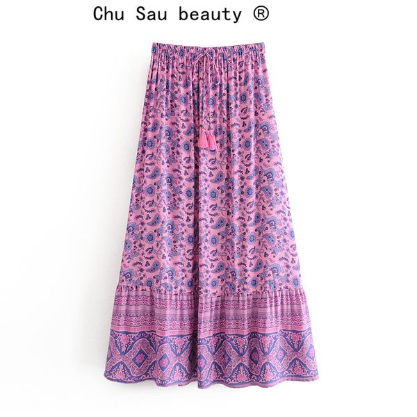 

beauty women fashion floral boho skirt summer beach casual loose tassel bowknot bohemian long 210514, Black