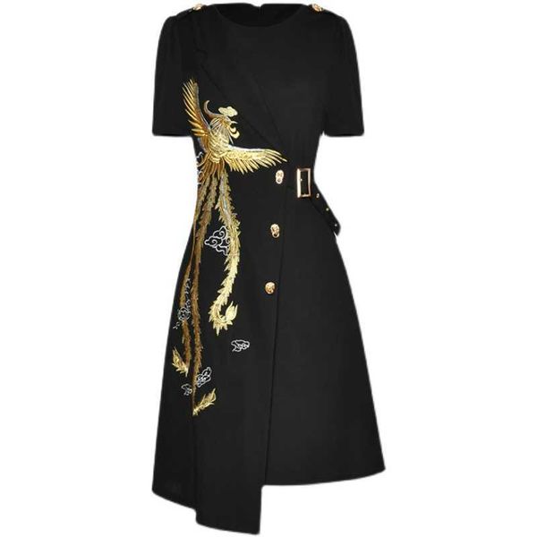

est short sleeve embroidery asymmetrical dress 210526, Black;gray