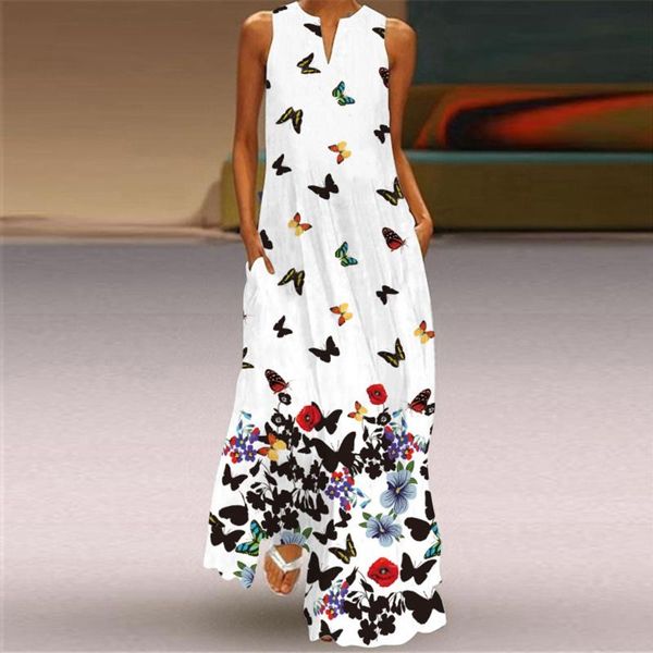 

casual dresses butterfly print long dress women sleeveless v-neck maxi summer party with pockets robe femme #g3, Black;gray