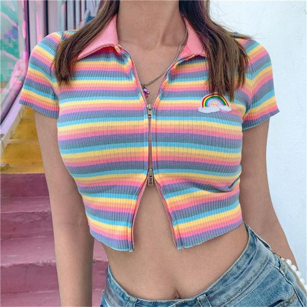 

women's t-shirt women 2021 trendy casual short sleeve cardigan fashion stripe rainbow embroidery zipper slim crop summer, White
