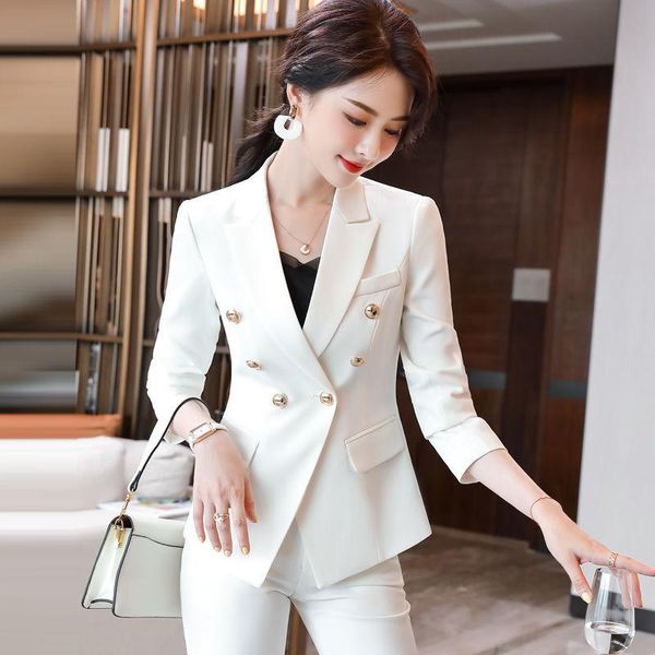 

women's two piece pants 2021 spring autumn women vintage suits lady double breasted blazer and long pencil pant set female solid ol 2 p, White