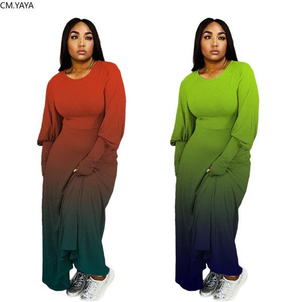 

casual dresses cm.yaya women autumn gradient print o-neck lantern long sleeve plus size s-4xl maxi dress vintage fashion, Black;gray