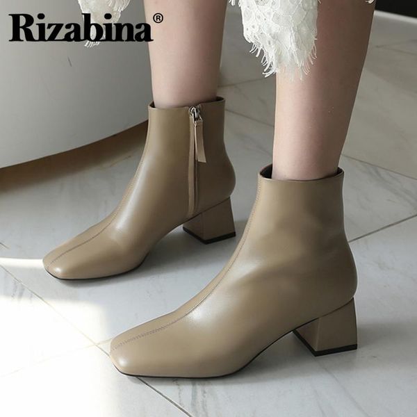 

boots rizabina women genuine leather winter ankle square toe thic k heel zipper solid color footwear size 34-40, Black