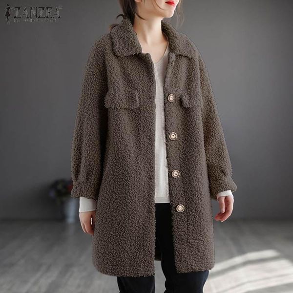 

women's jackets zanzea stylish fluffy coats women winter casual long sleeve outwear female single button solid overcoats oversized, Black;brown