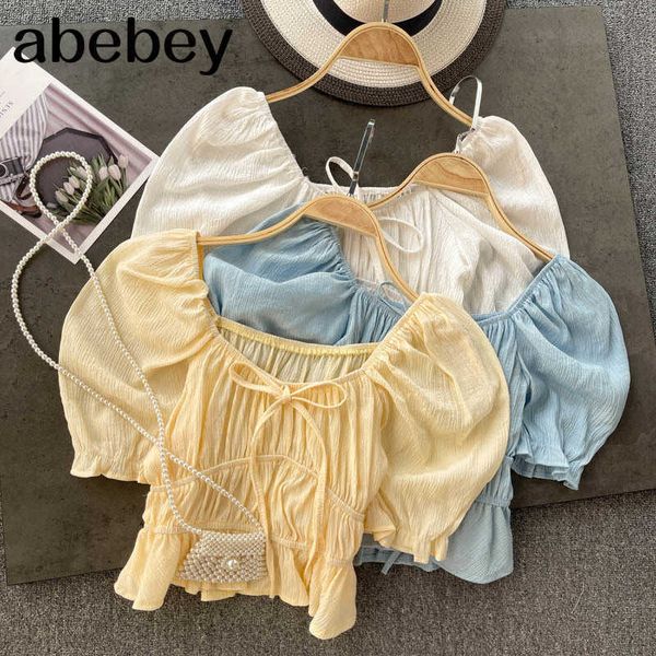 

women korean bow ruffles blouse sweet puff sleeve v neck elegant solid summer casual fashion streetwear blouse 210715, White