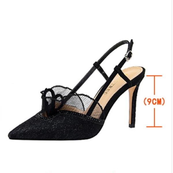

dress shoes european and american fashion banquet women's high heel shallow mouth pointed net lace hollow trip belt sandals, Black