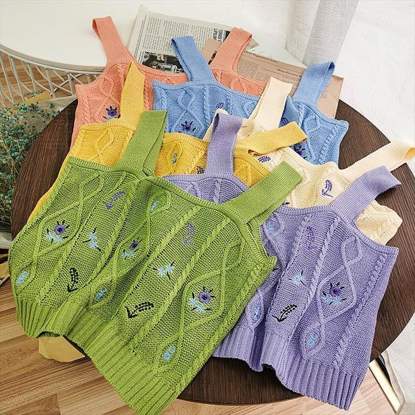 

knitted crop vintage womens cami embroidery flowers sleeveless summer for girls w805, White