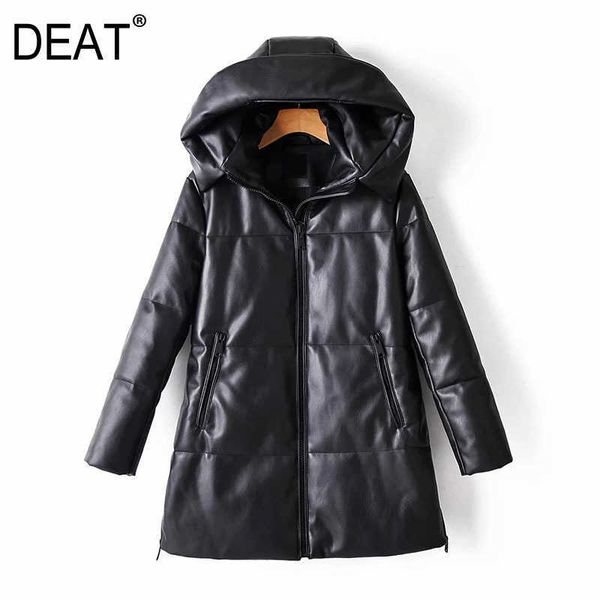 

[deat] loose fit leather brief warm woolen coat parkas hooded long sleeve women fashion tide autumn winter 13u081 210930, Black
