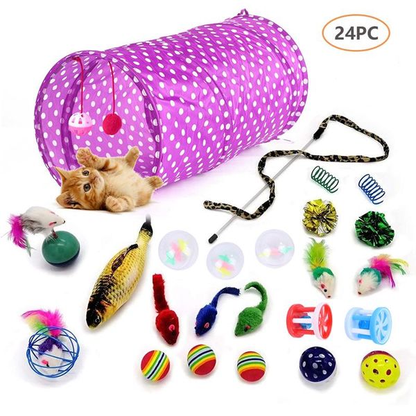 

cat toys 24 pcs toy kit collapsible tunnel indoor kitten interactive teaser wand mice ball pet fun channel catnip fish supplies