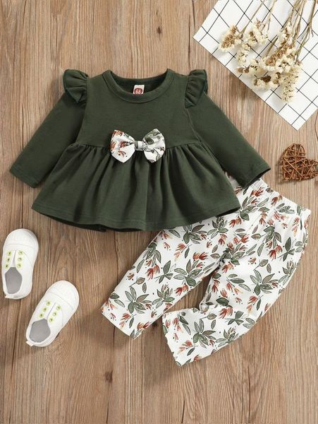 

baby leaf print ruffle trim bow front peplum & pants she, White