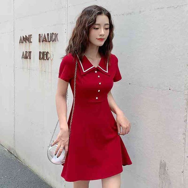 Kore Tarzı Chic Kısa Kollu Düğme Kadınlar Mini Elbise Turn-down Yaka Düz Renk Bayanlar Elbiseler Yaz Kadın Robe 210521