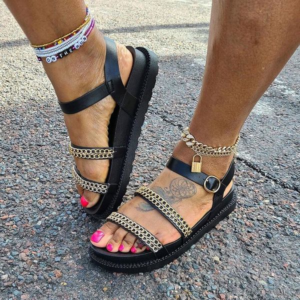 

sandals women 2021 summer ladies solid color platform casual shoes open toe buckle metal chain decoration flats, Black