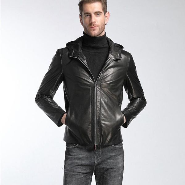 

men's leather & faux mens jacket 100% sheepskin collar business men natural high-quality hooded coat h724, Black