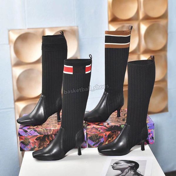 

luxury socks women thigh high boots cowhide breathable elastic pointed toe short heels height 6.5cm, Black