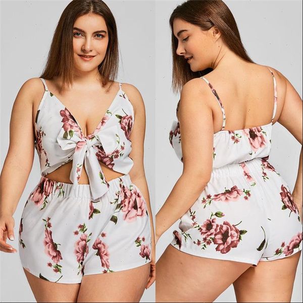 

summer floral playsuit women jumpsuits plus size deep v neck lace up casual romper for female, Black;white