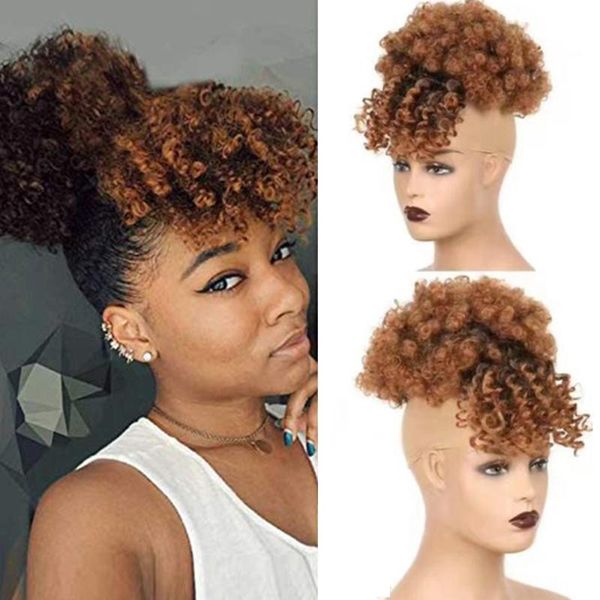 

synthetic wigs hf afro high puff bun with bangs for black women short kinky curly hair pineapple updo ponytail