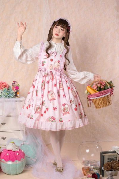 

women's t-shirt lolita sweet women strap dress gothic kawaii strawberry bunny soft girls clothing jsk cosplay party princess pink, White