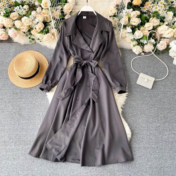 

casual dresses cinessd 2021 ladies autumn winter temperament coat retro solid color double breasted slim belt waist long dress, Black;gray