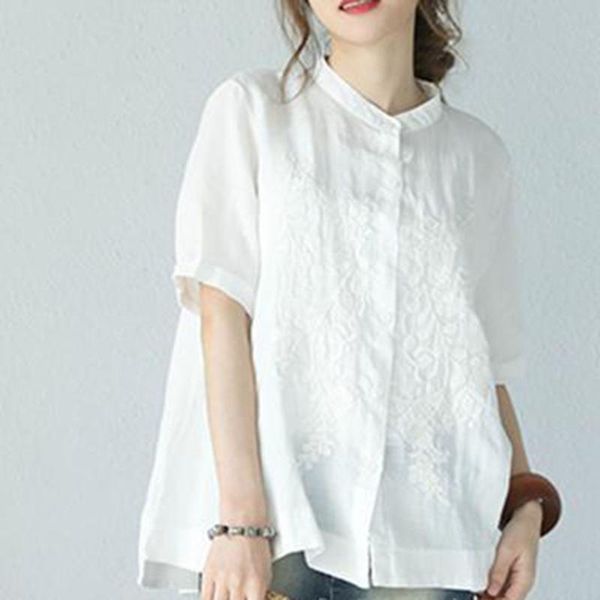 

women's blouses & shirts japanese style korean fashion temperament casual blouse embroidery single-breasted solid color stand-up collar, White