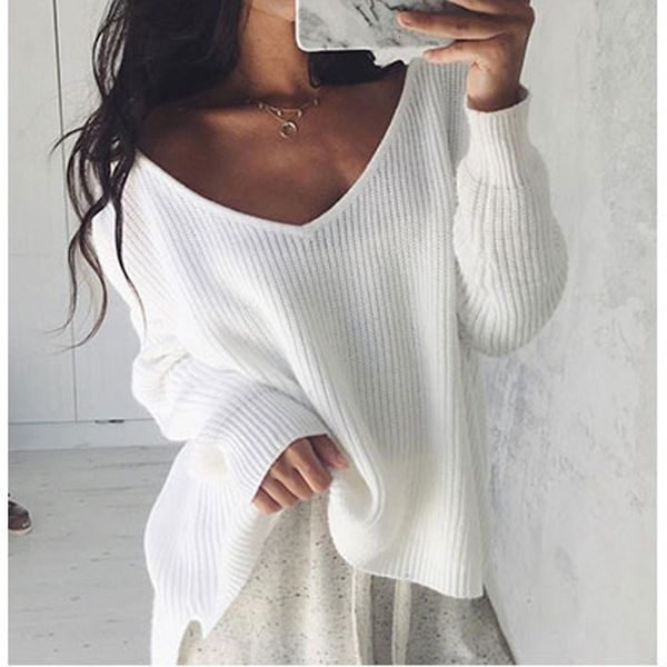 

2021 new women's irregular knitted white sweater, long sleeve v-neck, loose, autumn and winter style 53qx, White;black