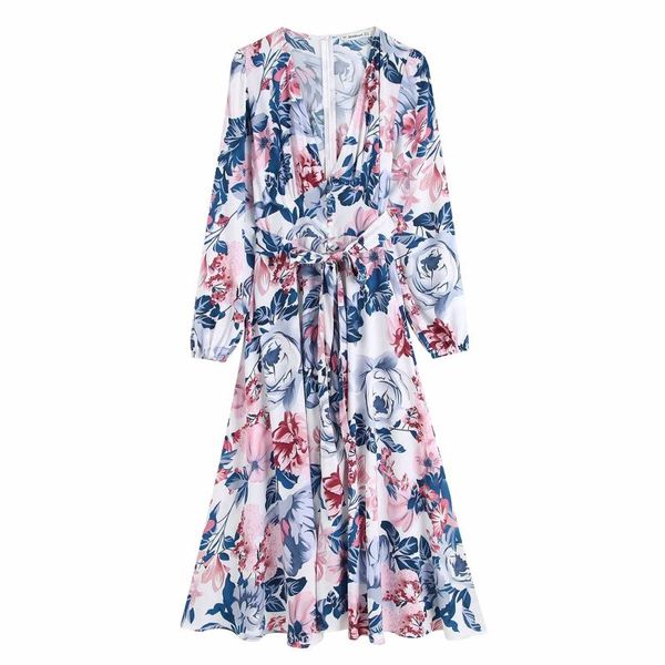 

casual dresses woman v neck sashes long flower printed dress tide spring fashion ladies puff sleeve female vacation, Black;gray